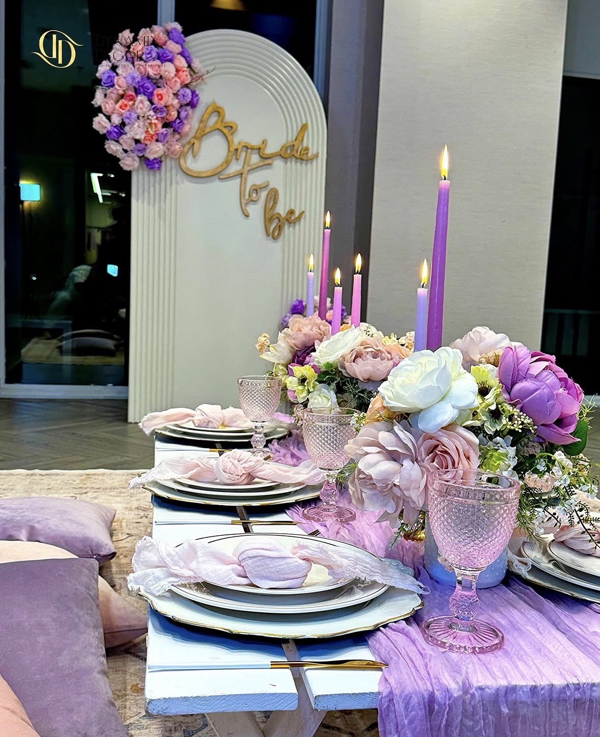 Purple and pink bride-to-be tablescape