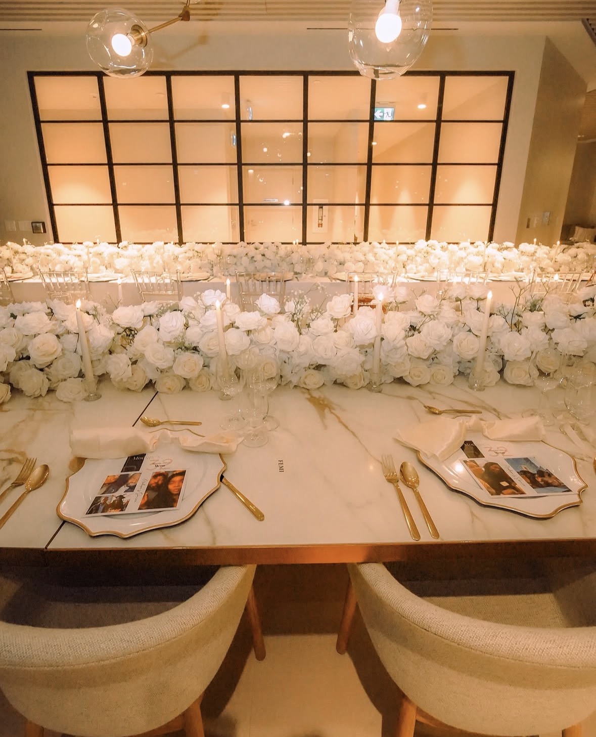 White roses long dinner table