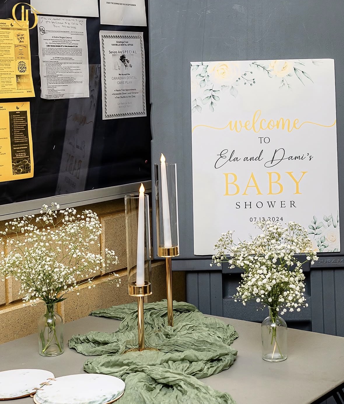 Gold and sage baby shower welcome sign